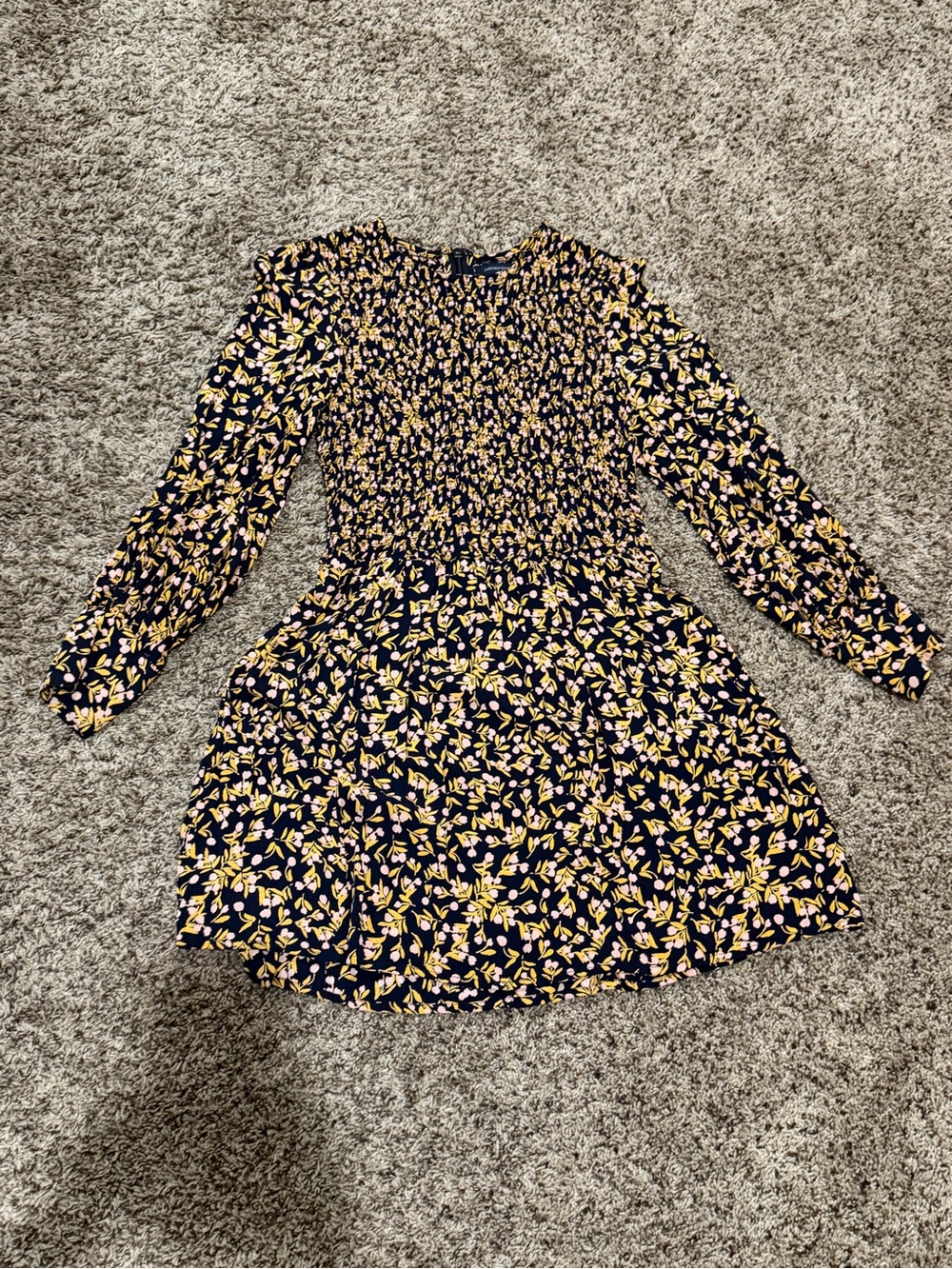French Connection Navy Floral Smocked Dress with Yellow and Pink Print